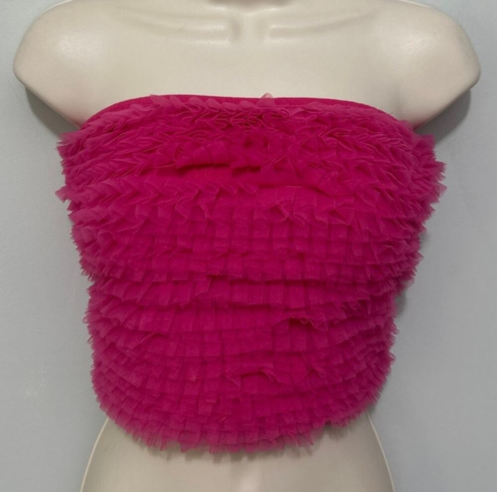 Kimchi Blue Crop Top Womens Small Hot Pink Mesh Ruffle Strapless Indie Coquette